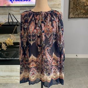 Cato Pleated‎ Tie Front Paisley Woman’s Navy Blue Blouse. Size(14-16) (70)